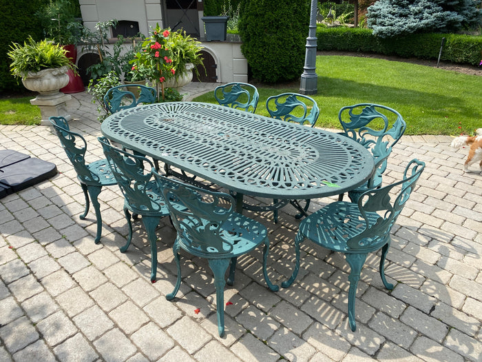 Outdoor Cast Aluminum Green Patio Table + 8 Chairs