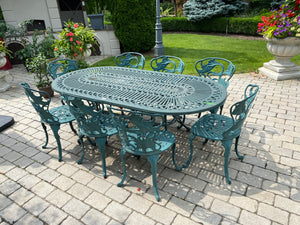 Outdoor Cast Aluminum Green Patio Table + 8 Chairs