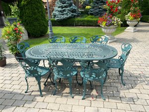 Outdoor Cast Aluminum Green Patio Table + 8 Chairs