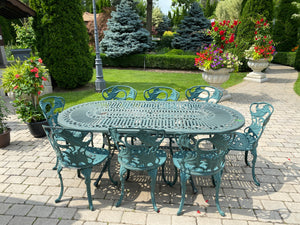 Outdoor Cast Aluminum Green Patio Table + 8 Chairs