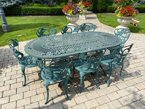 Outdoor Cast Aluminum Green Patio Table + 8 Chairs