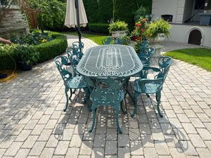 Outdoor Cast Aluminum Green Patio Table + 8 Chairs