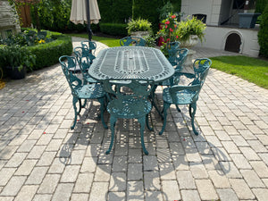 Outdoor Cast Aluminum Green Patio Table + 8 Chairs