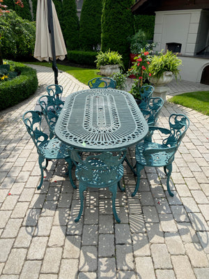 Outdoor Cast Aluminum Green Patio Table + 8 Chairs