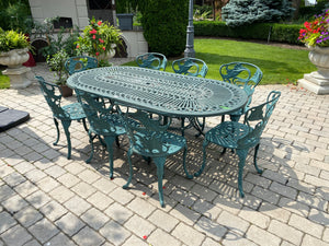 Outdoor Cast Aluminum Green Patio Table + 8 Chairs