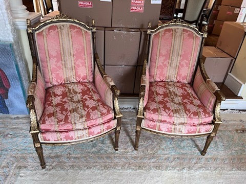 Pair of French Style Antique Chairs, Red Upholstery