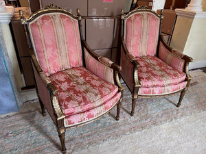 Pair of French Style Antique Chairs, Red Upholstery