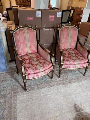 Pair of French Style Antique Chairs, Red Upholstery