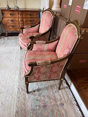 Pair of French Style Antique Chairs, Red Upholstery