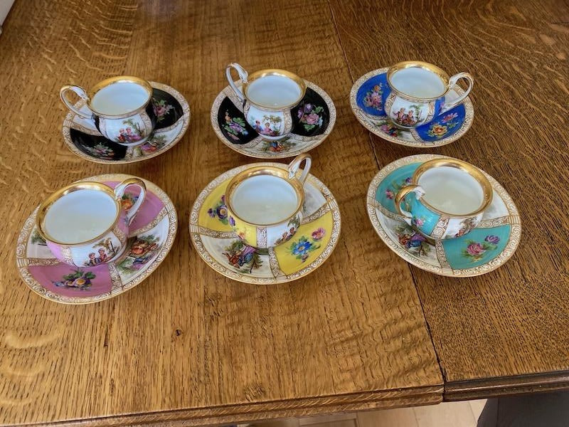 6 Miniature Antique Dresden Cups & Saucers