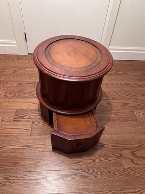 Small Round Leather Inlaid Side Table (Top opens)