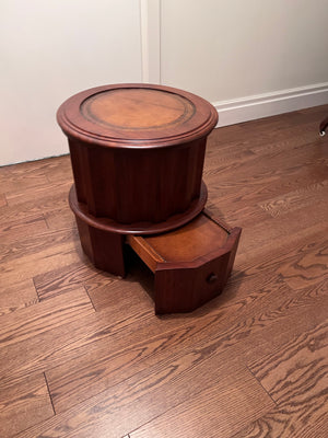 Small Round Leather Inlaid Side Table (Top opens)