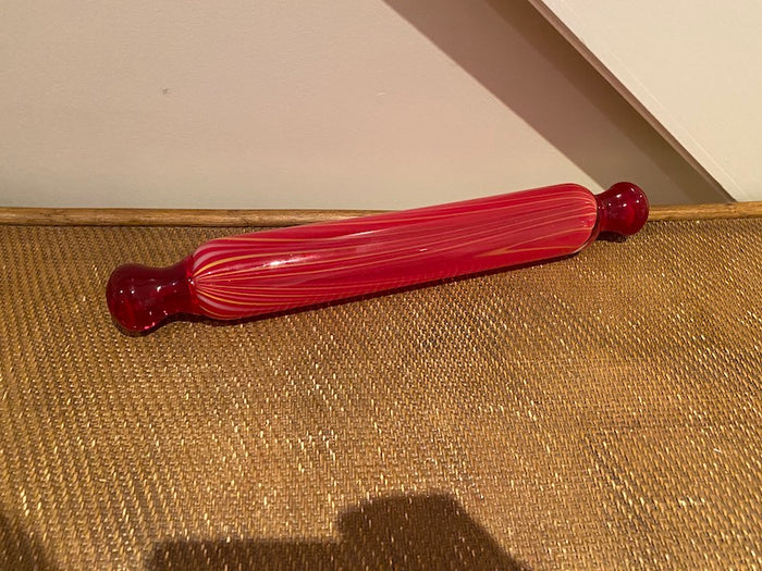 VINTAGE BLOWN GLASS ROLLING PIN, CANDY CANE MURANO STYLE, RED + YELLOW RIBBONS