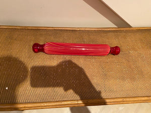 VINTAGE BLOWN GLASS ROLLING PIN, CANDY CANE MURANO STYLE, RED + YELLOW RIBBONS