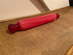 VINTAGE BLOWN GLASS ROLLING PIN, CANDY CANE MURANO STYLE, RED + YELLOW RIBBONS