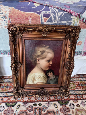 Antique Painting- Girl with Doll