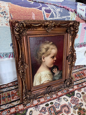 Antique Painting- Girl with Doll