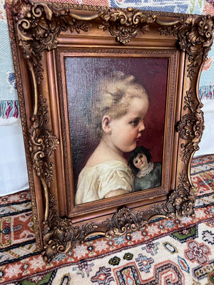 Antique Painting- Girl with Doll