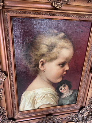 Antique Painting- Girl with Doll