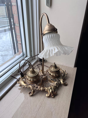 Antique Victorian Gooseneck Desk Lamp with Brass Ink Wells