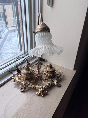 Antique Victorian Gooseneck Desk Lamp with Brass Ink Wells