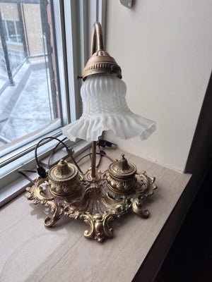 Antique Victorian Gooseneck Desk Lamp with Brass Ink Wells