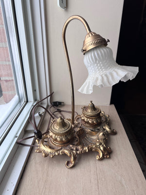 Antique Victorian Gooseneck Desk Lamp with Brass Ink Wells