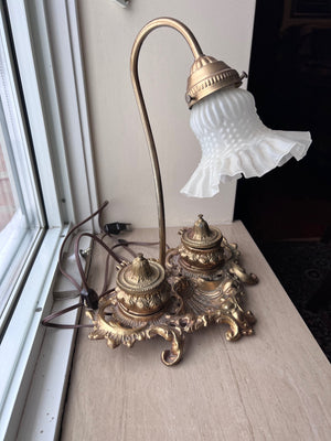 Antique Victorian Gooseneck Desk Lamp with Brass Ink Wells