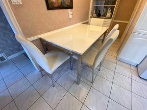 White Lacquered Dining Table + 4 White Faux Leather Chairs