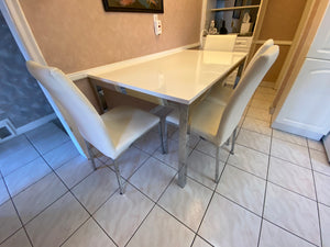 White Lacquered Dining Table + 4 White Faux Leather Chairs