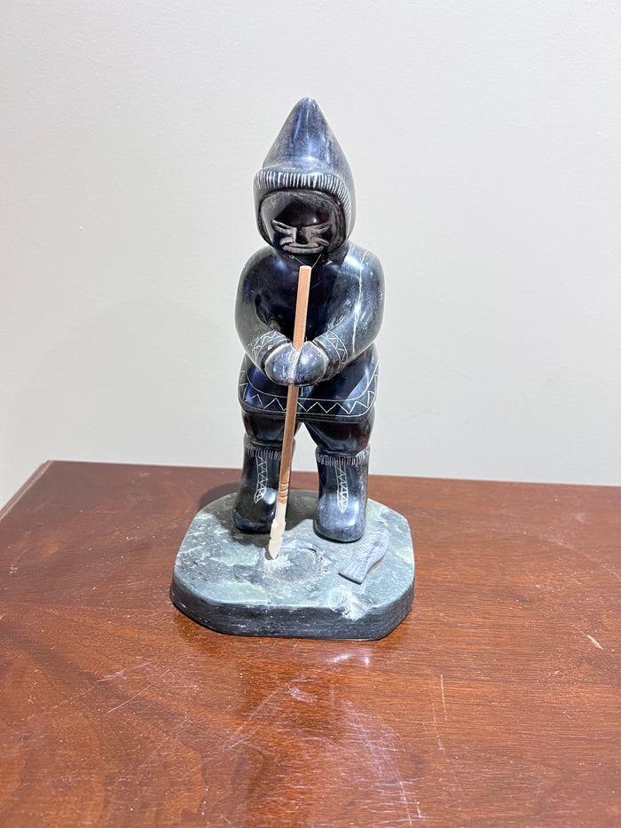 Inuit Soapstone Sculpture/Carving- 'Hunter Ice Fishing'