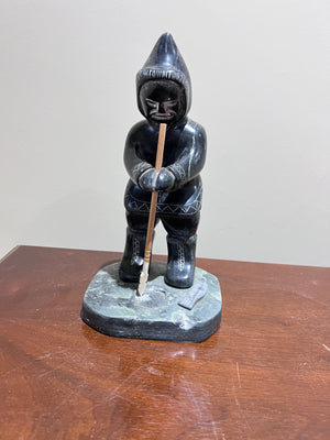 Inuit Soapstone Sculpture/Carving- 'Hunter Ice Fishing'