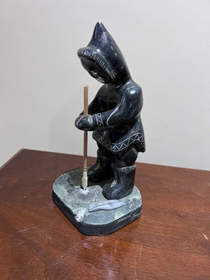 Inuit Soapstone Sculpture/Carving- 'Hunter Ice Fishing'