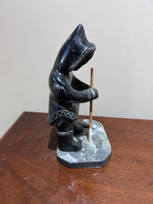 Inuit Soapstone Sculpture/Carving- 'Hunter Ice Fishing'