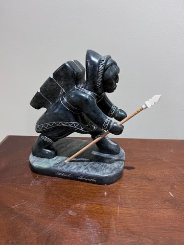 Inuit Soapstone Sculpture/Carving- 'Hunter with Backpack and Spear'