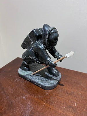 Inuit Soapstone Sculpture/Carving- 'Hunter with Backpack and Spear'