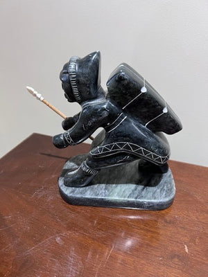 Inuit Soapstone Sculpture/Carving- 'Hunter with Backpack and Spear'