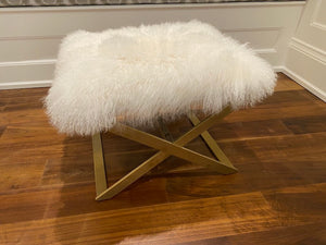 White Faux Fur Ottoman, Gold Base