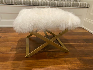 White Faux Fur Ottoman, Gold Base