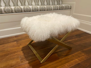 White Faux Fur Ottoman, Gold Base