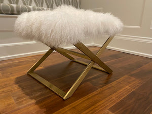 White Faux Fur Ottoman, Gold Base