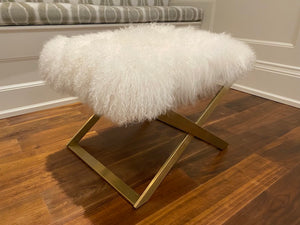 White Faux Fur Ottoman, Gold Base