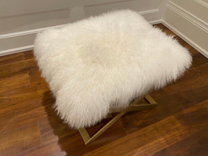 White Faux Fur Ottoman, Gold Base